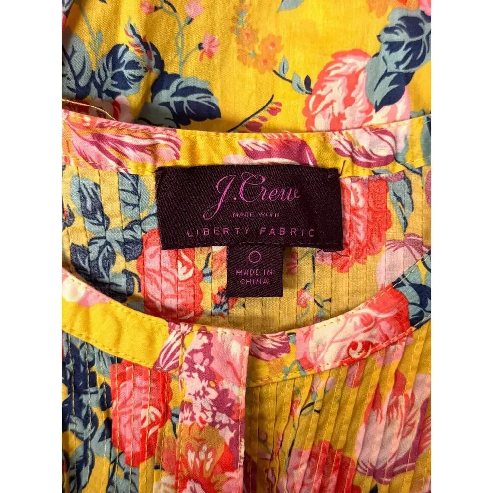J Crew Top 0 Womens Liberty London Yellow Floral Cotton Pleated Popover Blouse